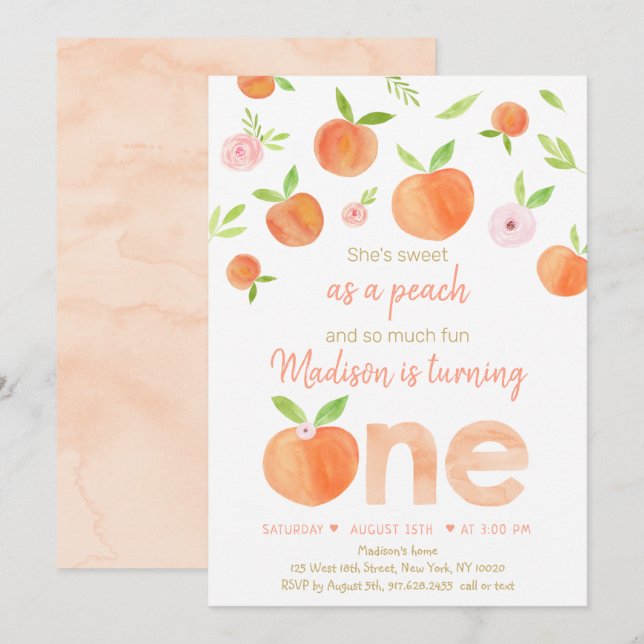 Sweet As A Peach First Birthday Invitation (Front/Back)