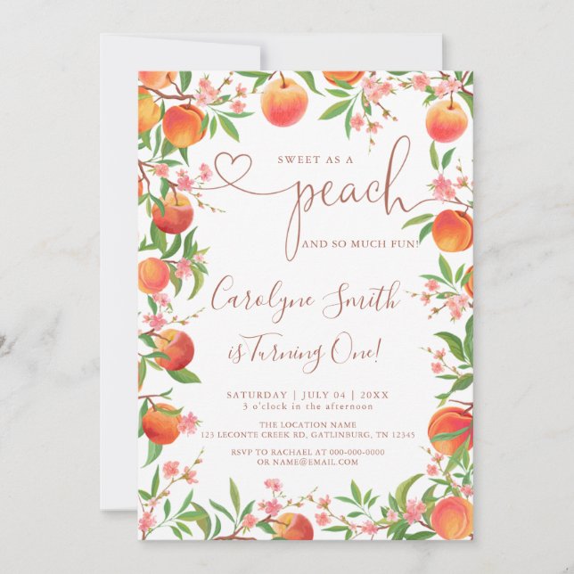Sweet As A Peach First Birthday Invitation (Front)