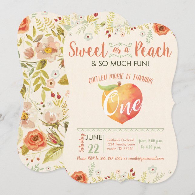 Sweet As A Peach First Birthday Invitation (Front/Back)