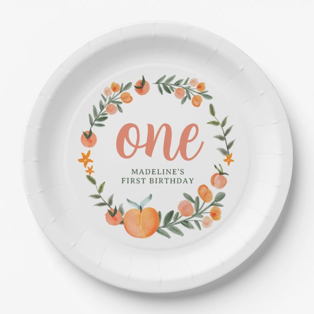 Sweet as a Peach First Birthday Paper Plates (Front)
