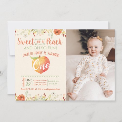 Sweet As A Peach First Birthday Photo Invitation
