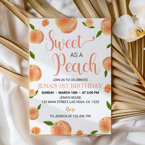 Sweet As A Peach Floral 1st Birthday Invitation