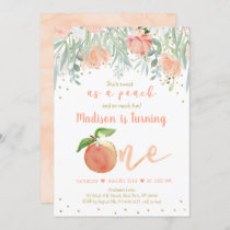 Sweet As A Peach Floral Gold First Birthday Invitation