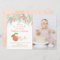 Sweet As A Peach Floral Gold First Birthday Invitation