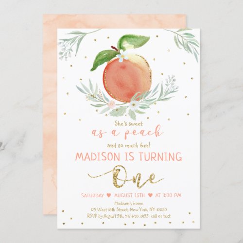 Sweet As A Peach Floral Gold First Birthday Invitation