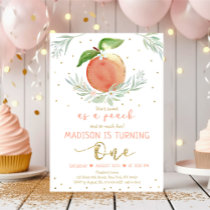 Sweet As A Peach Floral Gold First Birthday Invitation