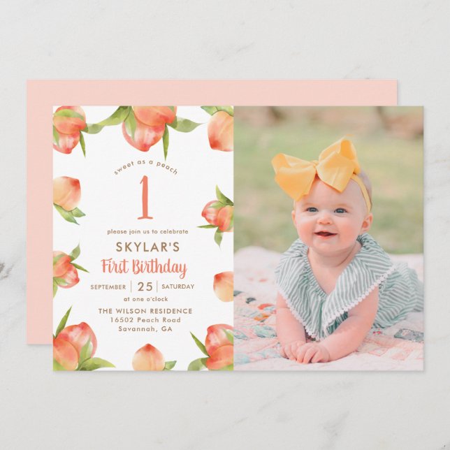Sweet As A Peach Girl First Birthday Photo Invitation (Front/Back)