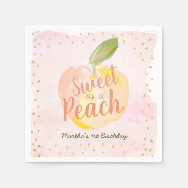 Sweet as a Peach Girl Pink Birthday Napkins (Front)