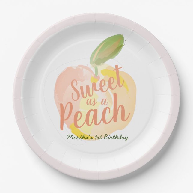 Sweet as a Peach Girl Pink Birthday Paper Plates (Front)