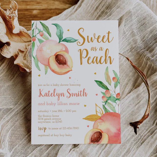 Sweet as a Peach Greenery Baby Shower Invitation | Zazzle