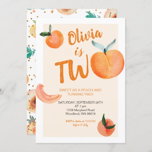 Sweet As A Peach Is Turning Two Invitation