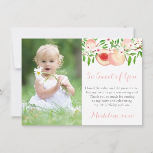 Sweet As A Peach Little Girl Birthday Party Photo Thank You Card