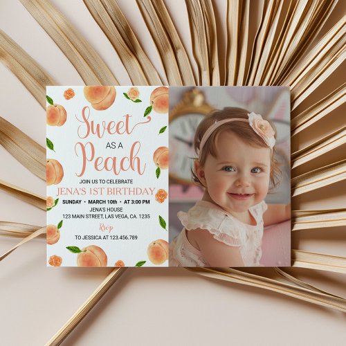 Sweet As A Peach Photo Birthday Invitation