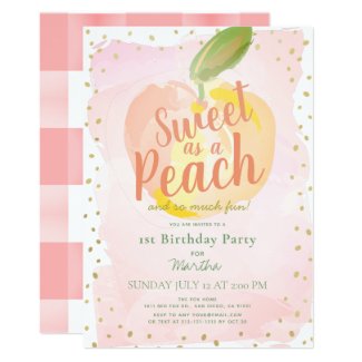 Sweet as a Peach Pink Girl 1st Birthday Invitation