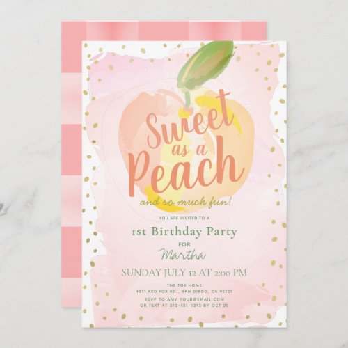 Sweet as a Peach Pink Girl 1st Birthday Invitation
