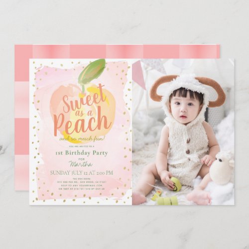 Sweet as a Peach Pink Girl Photo 1st Birthday Invitation