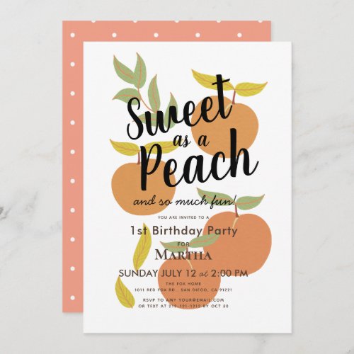 Sweet as a Peach Retro Girl 1st Birthday Invitation
