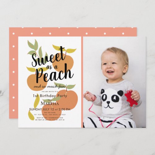 Sweet as a Peach Retro Girl Photo 1st Birthday Invitation