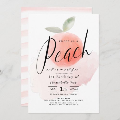 Sweet as a Peach Watercolor 1st Birthday Invitation