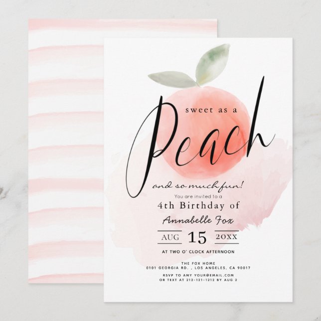 Sweet as a Peach Watercolor Birthday Invitation (Front/Back)