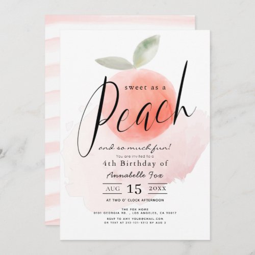 Sweet as a Peach Watercolor Birthday Invitation