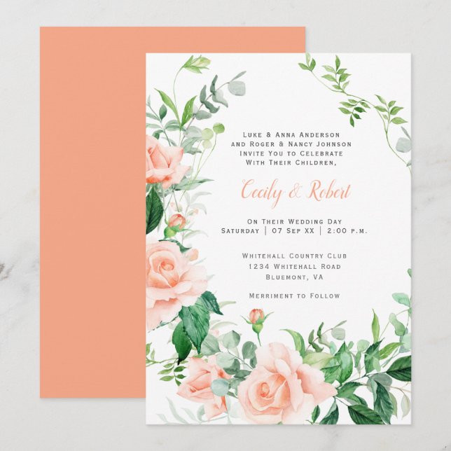 Sweet as a Peach Watercolor Roses Wedding Invitation (Front/Back)
