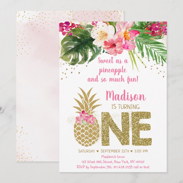 Sweet As A Pineapple Pink Gold First Birthday Invitation (Front/Back)