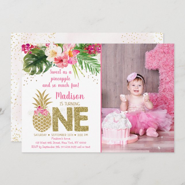 Sweet As A Pineapple Pink Gold First Birthday Invitation (Front/Back)