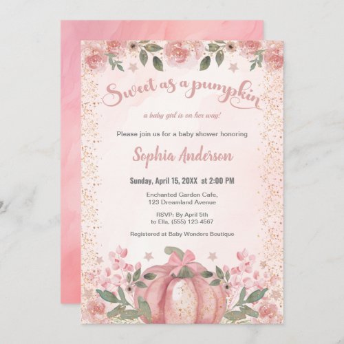 Sweet As A Pumpkin Pink Floral Girl Baby Shower Invitation