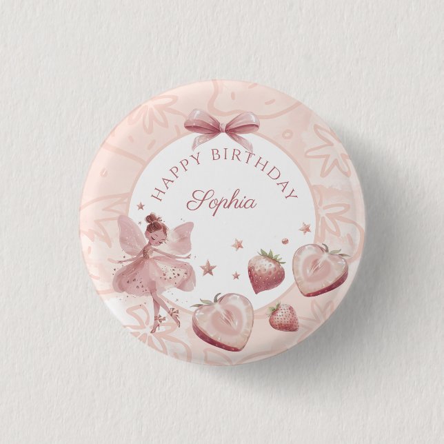 Sweet As A Strawberry Fairy Girl Birthday Welcome Button (Front)