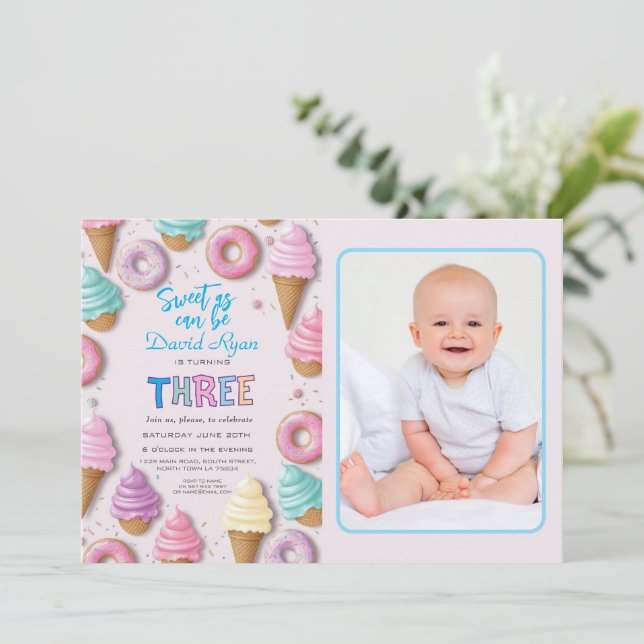 Sweet As Can Be Boy Is Turning 3rd Birthday  Invitation (Standing Front)