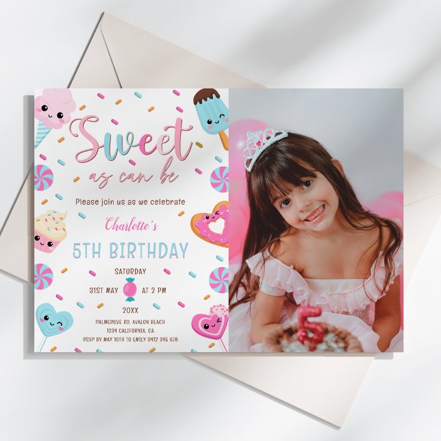 Sweet as Can Be Candy Cupcake Donut PhotoBirthday  Invitation (Sweet as Can Be Candy Sweets Donut Ice Cream Cupcake Photo Birthday Invitation)