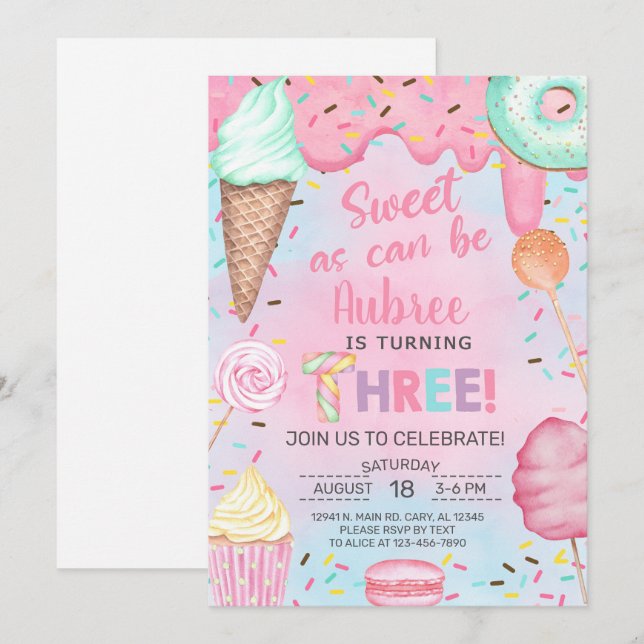 Sweet as can be girl 3rd birthday invitation. invitation (Front/Back)