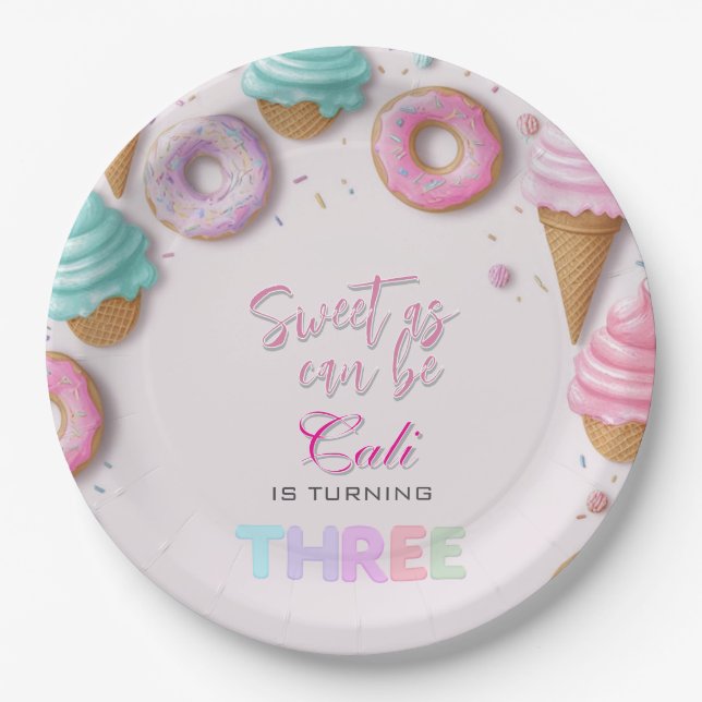 Sweet As Can Be Girl Is Turning 3rd Birthday Paper Plates (Front)