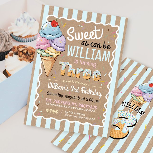 Sweet As Can Be Ice Cream 3rd Birthday Invitation (Sweet As Can Be ice cream sprinkles rustic kraft blue stripes boy 3rd birthday party invitation)