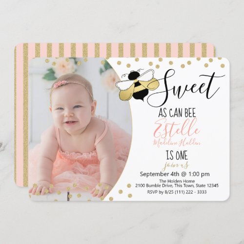 Sweet as can Bee 1st Birthday Party Photo Invitation
