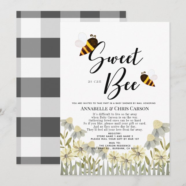 Sweet as can Bee Baby Shower by Mail Invitation (Front/Back)