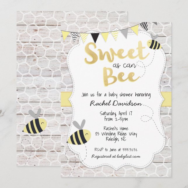 Sweet as can Bee Baby Shower Invitation (Front/Back)
