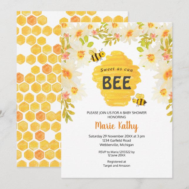 Sweet As Can Bee Baby Shower Invitation (Front/Back)
