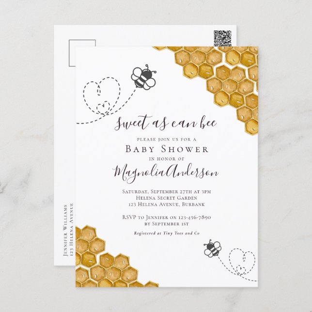 Sweet as Can Bee Baby Shower Invitation Postcard (Front/Back)