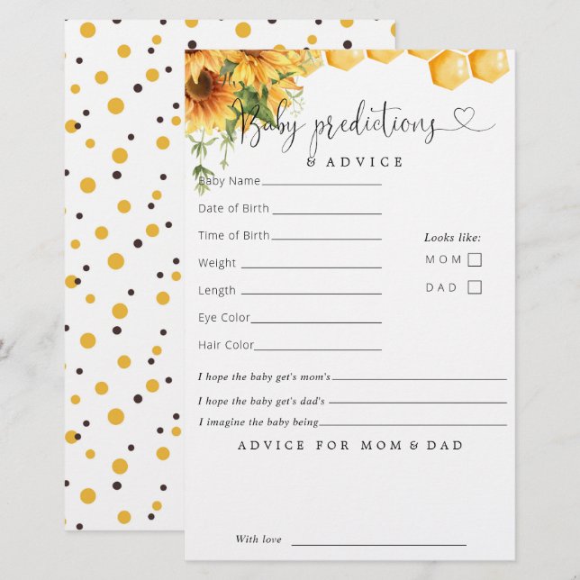 Sweet As Can Bee Baby Shower Predictions Advice (Front/Back)