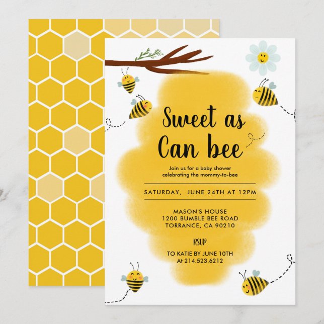 Sweet As Can Bee Bumble Bee Baby Shower Invitation (Front/Back)