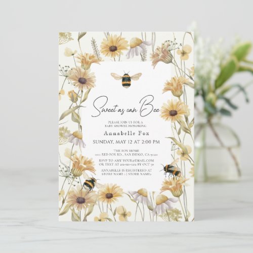 Sweet as can Bee Chamomile  Daisies Baby Shower Invitation