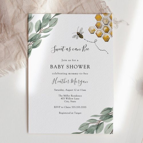 Sweet as can Bee Eucalyptus Baby Shower Invitation