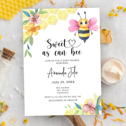 Sweet as can bee floral baby shower invitation