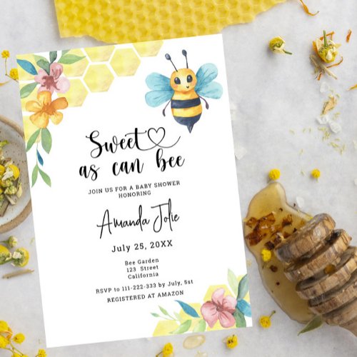 Sweet as can bee floral baby shower invitation