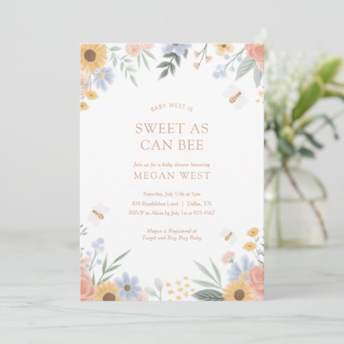 Sweet as can Bee Floral Bee Baby Shower Invitation