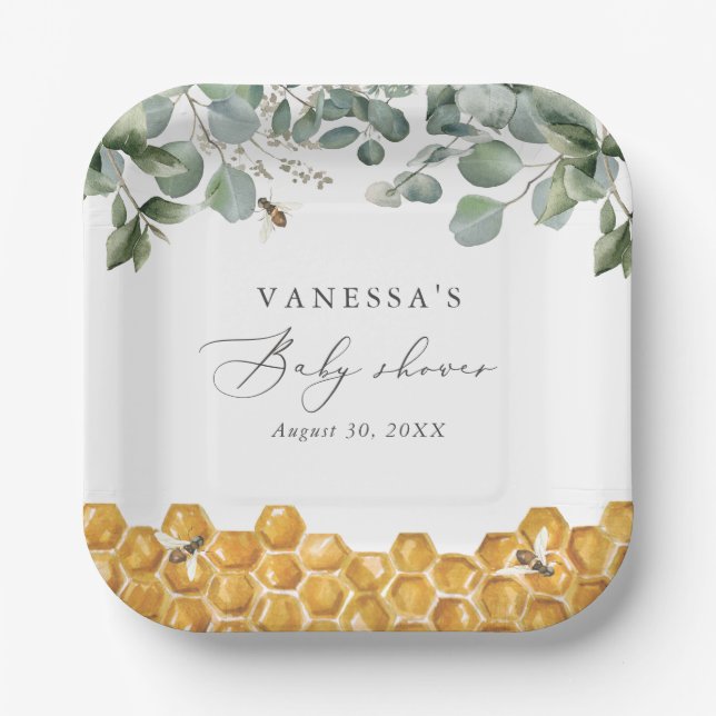 Sweet as Can Bee Greenery Baby Shower Paper Plates (Front)