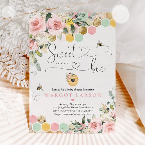 Sweet As Can Bee Greenery Pink  Gold Baby Shower Invitation