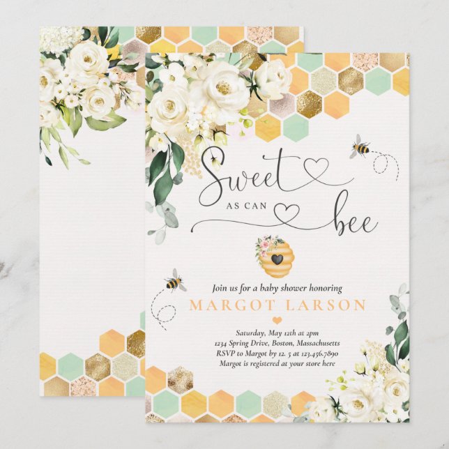 Sweet As Can Bee Greenery White Floral Baby Shower Invitation (Front/Back)